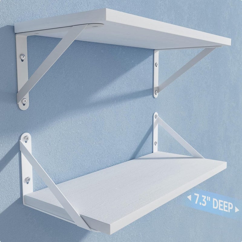 COCOYA Wall Shelves 7.3" Deep Set of 2, Solid Paulownia Wood Wider Longer Sturdy Easy to Install Wall Mounted Bookshelves Storage Shelves Bathroom Storage Office Laundry Room Bedroom Organizer White - Image 1